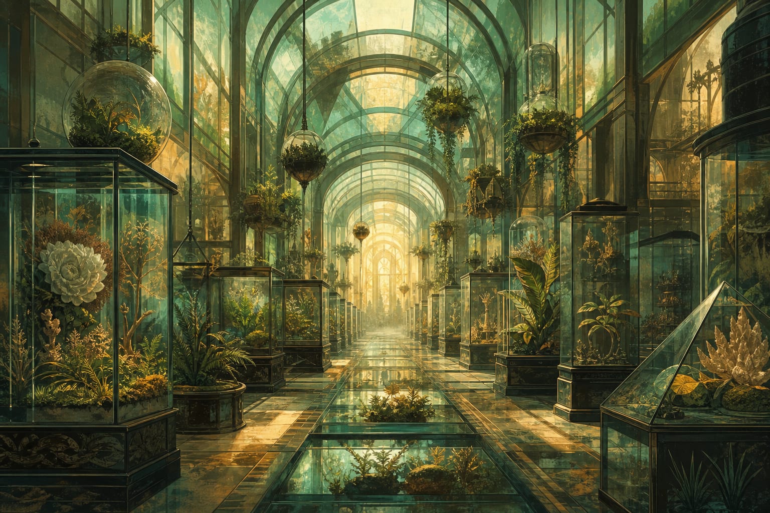 《玻璃花园》,描绘不可能植物档案馆的横版 Demo 插画。