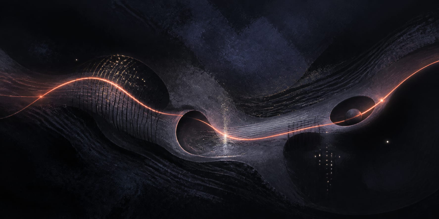 Thread of Light, a panoramic Demo abstract painting with a coral filament crossing a dark resonant landscape.